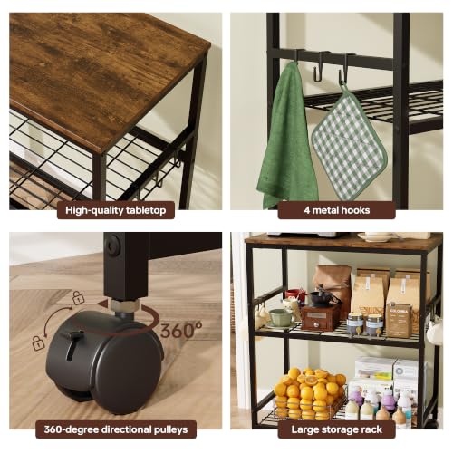 3-Tier Kitchen Rolling Cart, Microwave Stand with Lockable Wheels, Brown