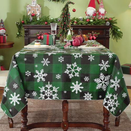 SASTYBALE Checkered Christmas Tablecloth 60x120 in Green & Black with Flannel Backing, Waterproof Snowflake Design