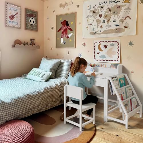 Kids Desk and Chair Set with Bookshelf and Storage Drawers for Ages 3-8