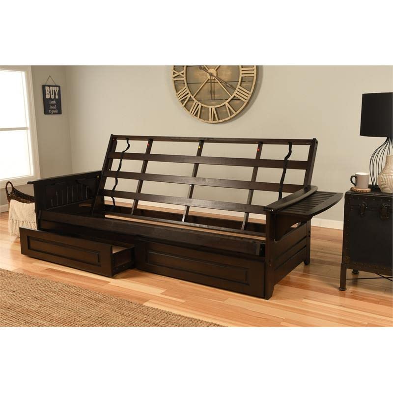 Queen Futon Sofa Bed with Storage Drawers and Charcoal Linen Mattress