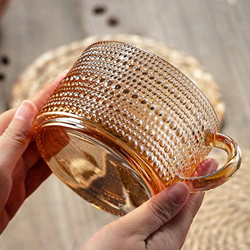 Gezzeny Amber Vintage Coffee Mugs Set of 2 - 14 Oz Embossed Glass Tea Cups for Cappuccino, Latte, Beverage & Gifts