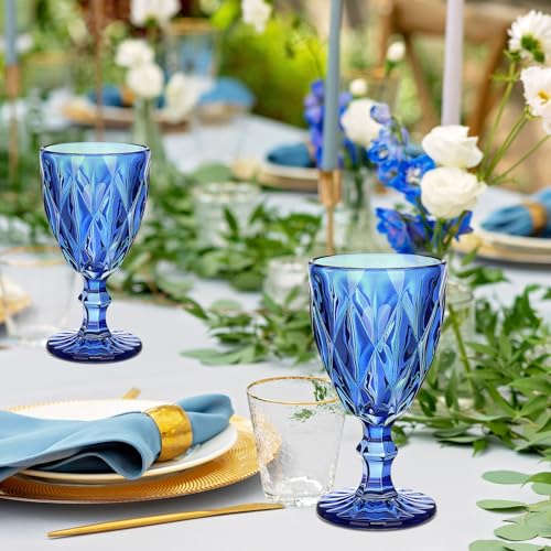 Vintage Embossed Blue Glass Goblets - 10 oz Stemmed Wine Glasses, Set of 12