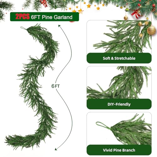 Trytuny 2Pcs 6ft Christmas Norfolk Pine Garland with Pine Cones & Red Berries, Real-Touch LED Christmas Greenery for Indoor/Outdoor