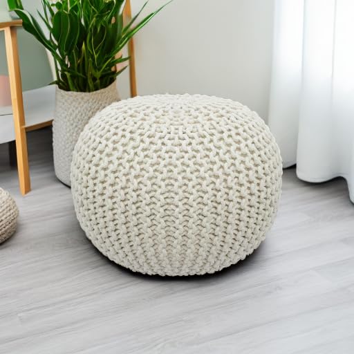 Hand Knitted Round Cotton Pouf - 20x14 Inch Ivory Floor Ottoman Footrest