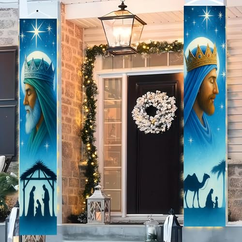 HOMETITUTE Blue Nativity Door Banner – Wise Man & Manger Scene, 11.8 x 70.9 in