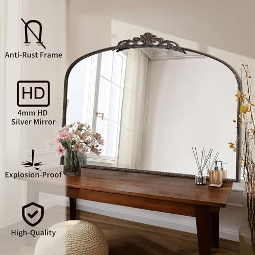 Large Arched Baroque Wall Mirror, 48x33 Inch Antique Bronze Decorative Mirror