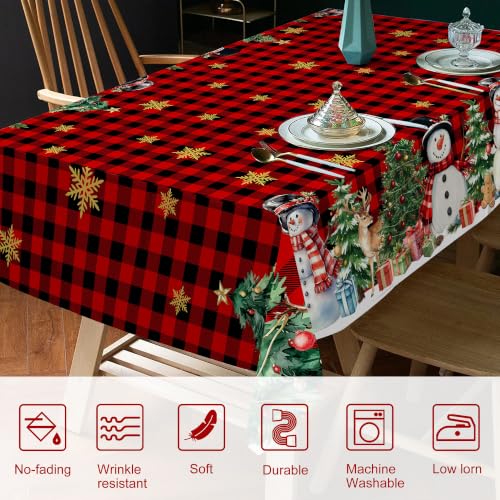 Unibyby Christmas Tablecloth 60x84 in with Snowman Snowflake Trees - Rectangular 84x60 Snowy Red
