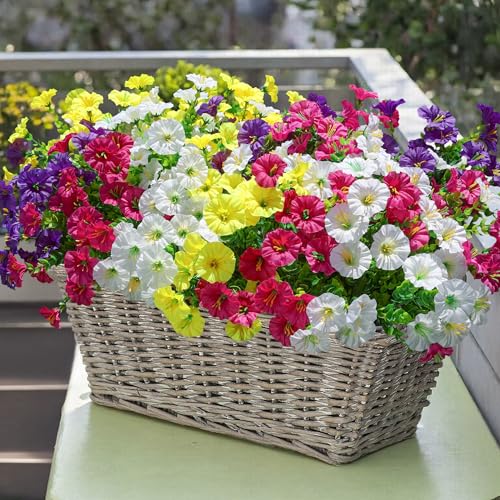 12 Bundles Artificial Morning Glory Flowers with Eucalyptus - UV Resistant Faux Plants for Outdoor Decor