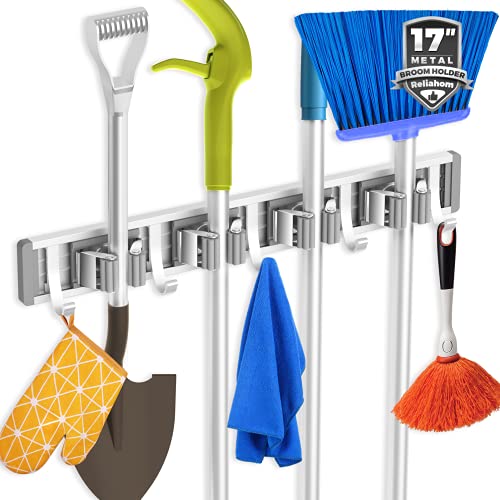 Wall Mount Broom and Mop Holder Organizer with 4 Racks and 5 Hooks