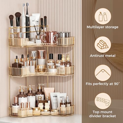 BEFSOP Gold 3-Tier Corner Bathroom Counter Organizer, Makeup & Skincare Storage