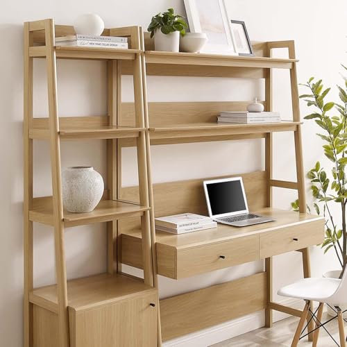 2-Piece Mid-Century Modern Home Office Desk and Bookshelf Set in Oak
