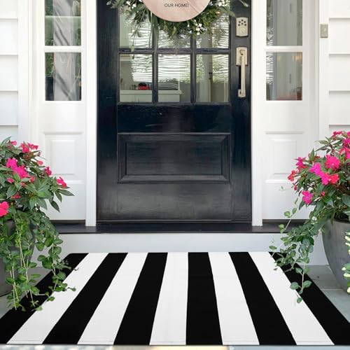 Black and White Striped Door Mat 27.5 x 43 Inch Washable Cotton Rug