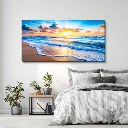 Beach Sunset Canvas Wall Art, Coastal Ocean Waves Print 40x20 Inch