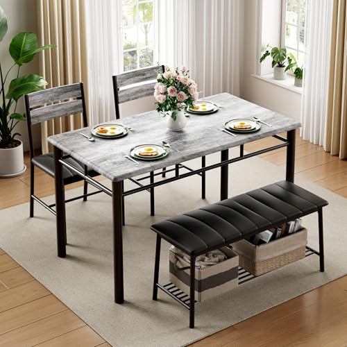4-Piece Dining Table Set with Upholstered Bench and 2 Chairs, Gray