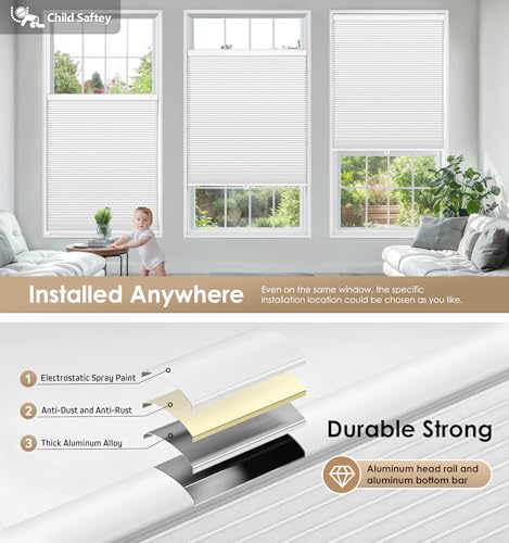 No Drill Cordless Cellular Shades, 22" W x 36" H White Blackout Honeycomb Blinds