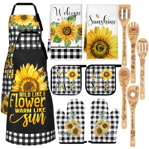13-Piece Sunflower Kitchen Set Farmhouse Decor with Aprons and Utensils