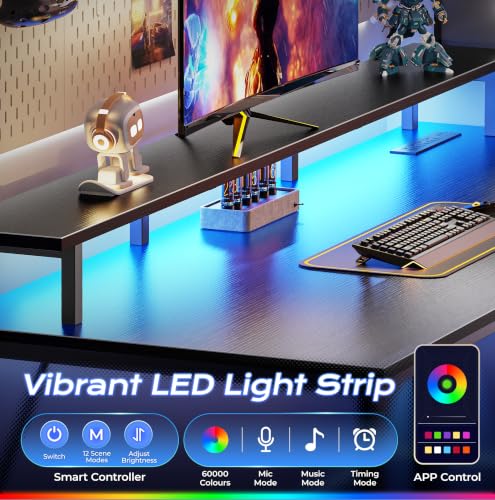 55-Inch Gaming Desk with LED Lights, Power Outlets and Monitor Stand