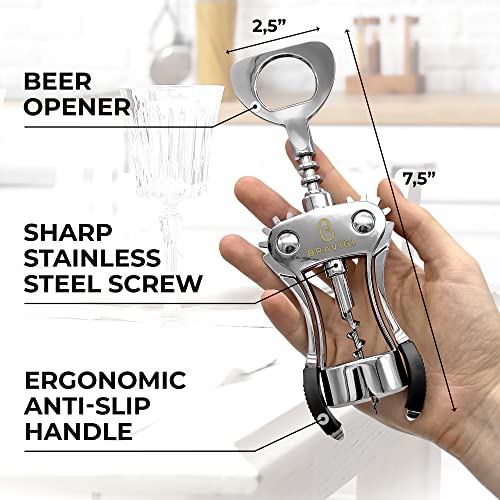 BRAVIGI Heavy Duty Stainless Steel Wing Corkscrew & Beer Opener - Portable Wine & Bottle Opener
