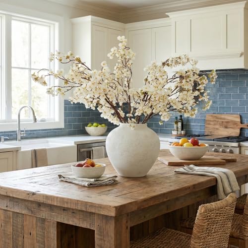 Rustic White Round Ceramic Vase - 11 Inch Textured Table Centerpiece Decor