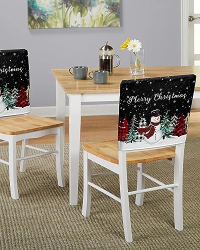 Set of 6 Black Snowman Christmas Chair Covers - Winter Snowflake Slipcovers for Dining Chairs