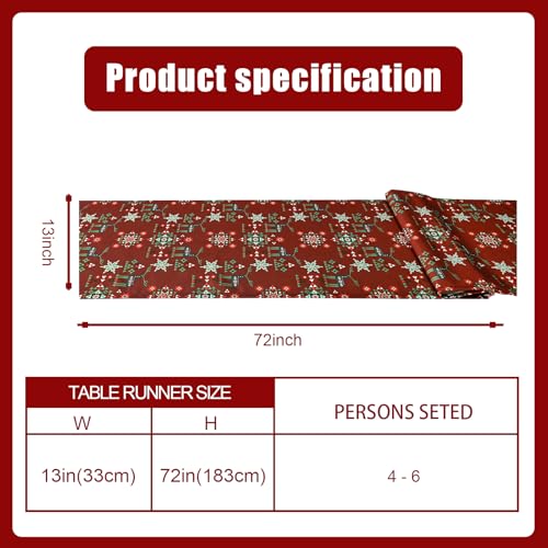 Christmas Table Runner 13x72 Red with Reindeer and Snowflake Geometric Pattern