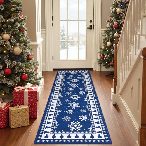 ROYHOME Blue Christmas Runner Rug 2' x 8' Bordered Holiday Hallway Carpet