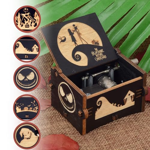 Vintage Wooden Hand Crank Music Box, Laser Engraved Spooky Melody Gift