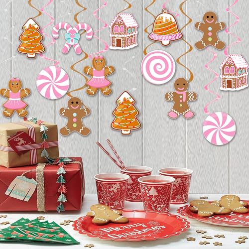 Pink Gingerbread Man Christmas Decorations - 20PCS Hanging Swirl Party Decor