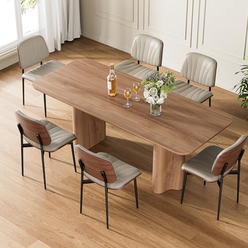 Mid-Century Modern Dining Chairs Set of 6, Upholstered PU Leather with Walnut Back
