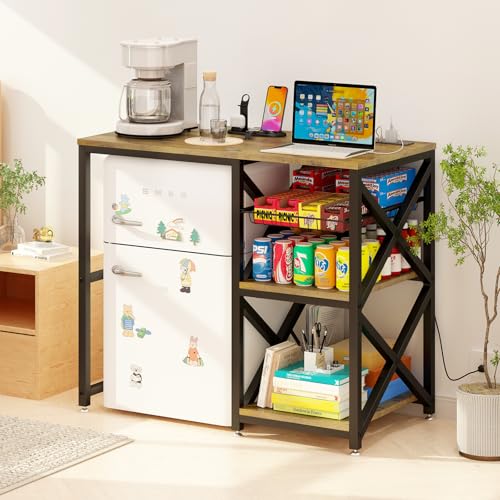 Mini Fridge Stand with Power Outlets and Adjustable Shelves, Brown