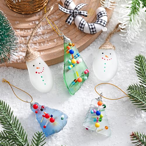Syhood 6 Pcs Sea Glass Christmas Tree Ornaments Snowman Crystal Ocean Beach Crafts Ornament Sets for Christmas Tree Home Decoration