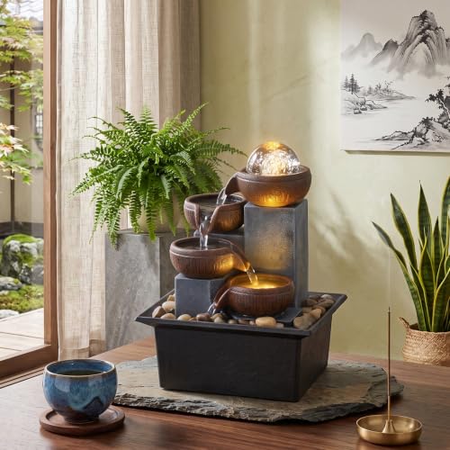 4-Tier Indoor Tabletop Water Fountain with LED Lights & River Rocks