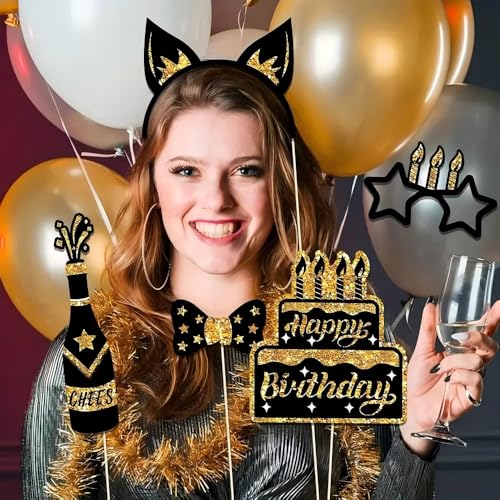 30 Pack Birthday Photo Booth Props Kit - Gold & Black Party Decorations