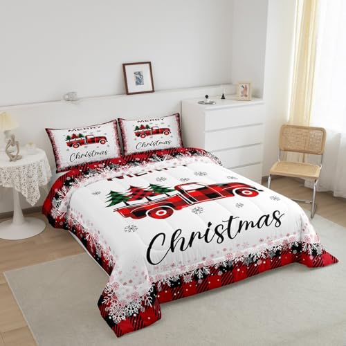 Homewish Christmas Truck Pine Tree Queen Comforter Set with Pillowcases - Holiday Bedding