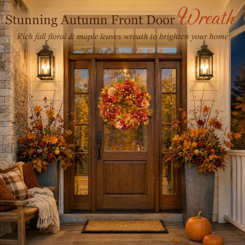 24-Inch Fall Wreath for Front Door with Autumn Flowers and Storage Bag