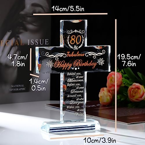 80th Birthday Glass Cross Keepsake, Engraved Religious Gift for Men and Women
