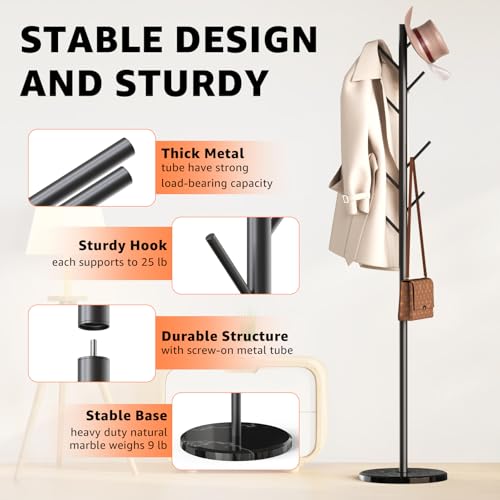 Freestanding Coat Rack with Marble Base, 8-Hook Metal Coat Tree, Adjustable