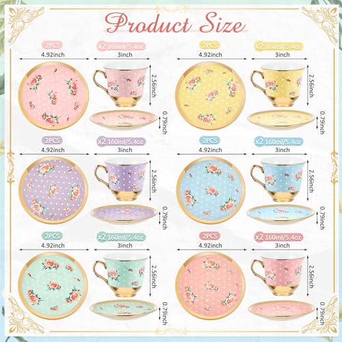 Teenyyou Set of 12 Vintage Style Tea Cups and Saucers, 5.4 Oz - Elegant Porcelain