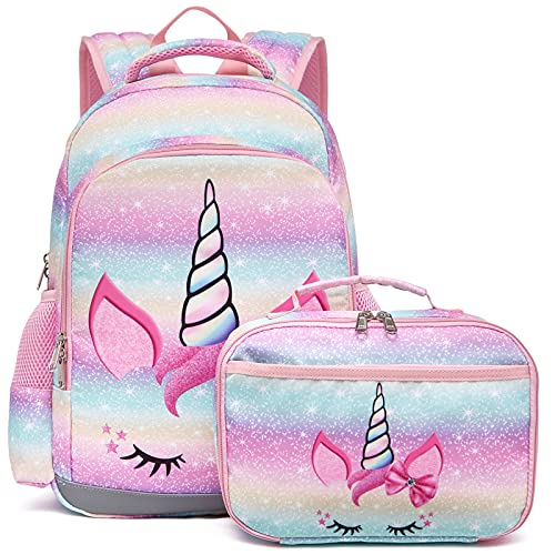 Girls School Backpack and Lunch Bag Set with Chest Strap - Unicorn Design