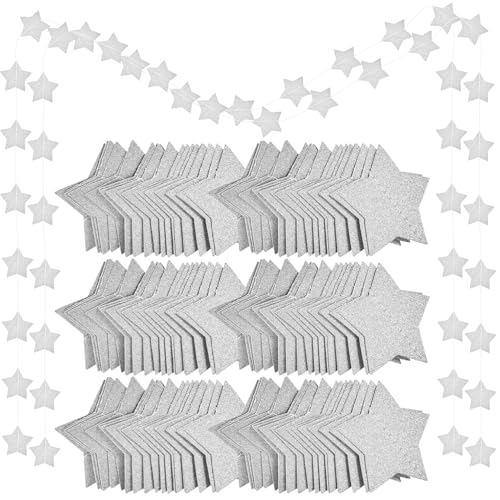 Silver Glitter Star Garland Decorations - 8 pcs, 66 Feet, Holiday & Party Decor