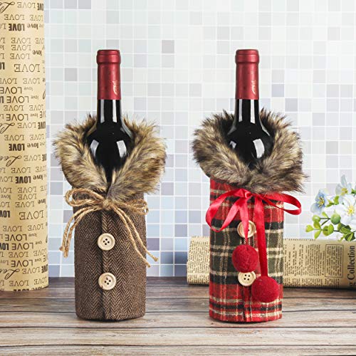Festanlee Tanlee 4 Pieces Christmas Wine Bottle Covers with Faux Fur Collar & Button Coat - 9.5"