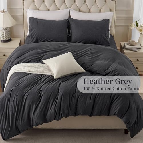 100% Cotton Jersey Knit Queen Duvet Cover Set - Heather Charcoal Grey