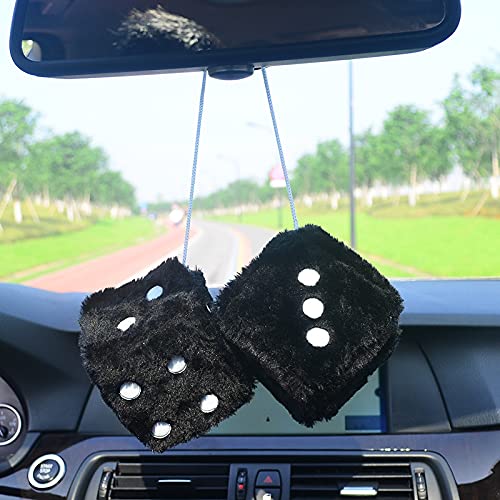 3-Inch Plush Fuzzy Dice for Car Rearview Mirror - Black and White