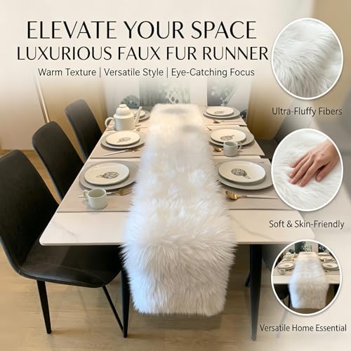 White Faux Fur Table Runner 12x48 Inch Christmas Decor - KERTFGOKU