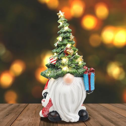 11-Inch Lighted Christmas Tree Gnome Figurine - LED Resin Holiday Table Decor