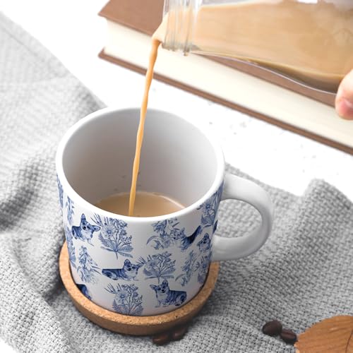 RVEAFA Corgi Coffee Mug 15 oz - Blue French Toile, Gift for Women