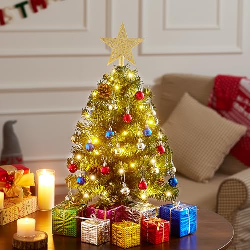 Mini Christmas Tree with Gift Box - Pre-Lit 24 Inch Holiday Decor with Ornaments & LED Lights