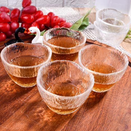 LMRLCS Set of 4 Glass Sake Cups 1.7oz Textured Japanese Style Drinking Glasses