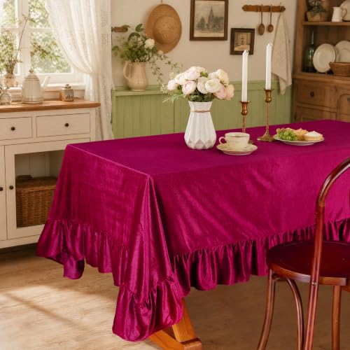 SoarDream Burgundy Velvet Tablecloth 60x120 in with 6-in Ruffle - Rectangular