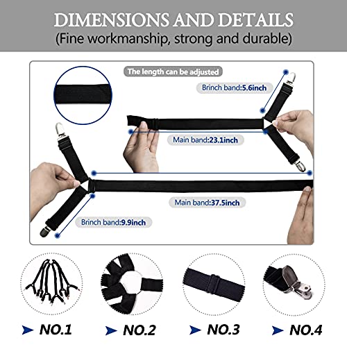 Adjustable Elastic Bed Sheet Holder Straps - 6 Way Clip Fasteners for Fitted Mattresses